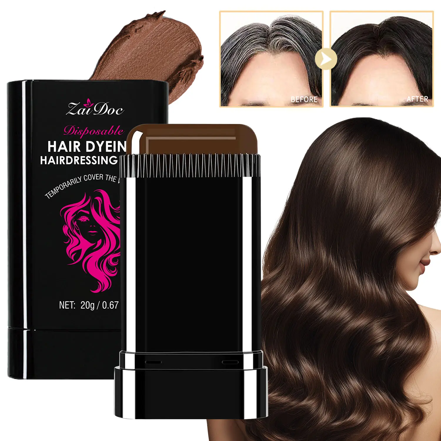 ZaiDoc Disposable Hair Dye Stick - Sweat-proof Water-proof Oil-proof Gray Hair Cover 20g Portable 2-in-1 Design Travel-friendly Time-saving High Coverage Temporary Color