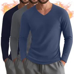 Riyiper 3 Pack Men's Thermal Shirts Long Sleeve Thick T-Shirt V Neck Fleece Undershirts Basic Comfortable Winter Layer Tops