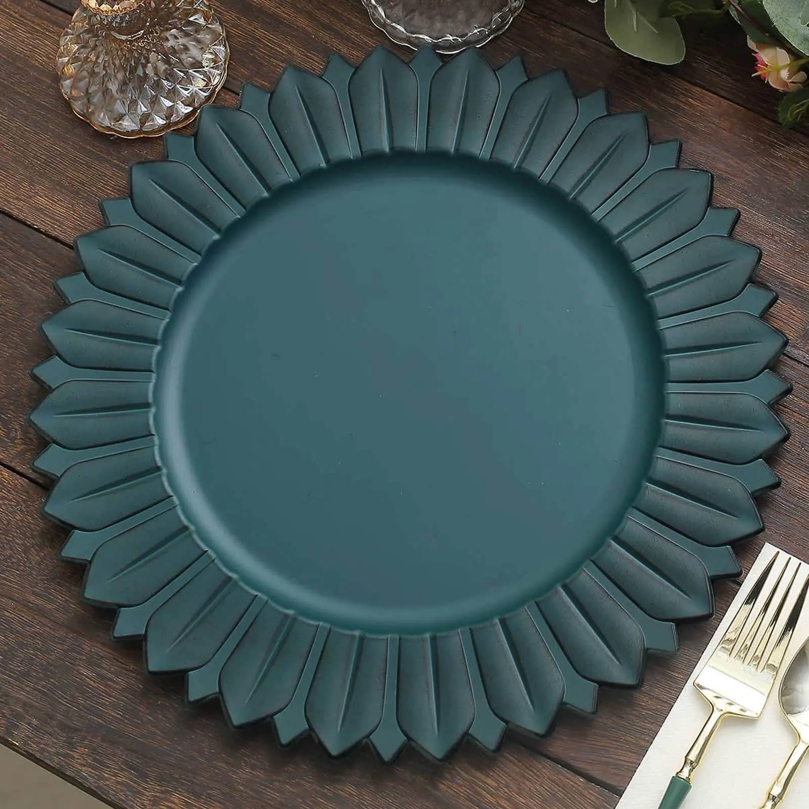 13" Matte Teal Plastic Round Party Charger Plates, 6-Pack Disposable Tableware with Sunflower Rim, Party Plates