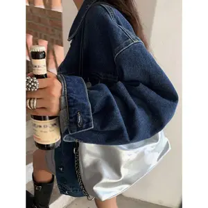 Women's Dark Wash Denim Jacket with Drop Shoulder Long Sleeve Regular Fit Loose Casual Outerwear for Spring Autumn Fall