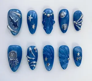 Sea World Shark Blue Press on nails long almond nails/Blue nails/jellyfish nails/Shark nails/Shell nails/3D Silver Chrome nails Damontaerichmond