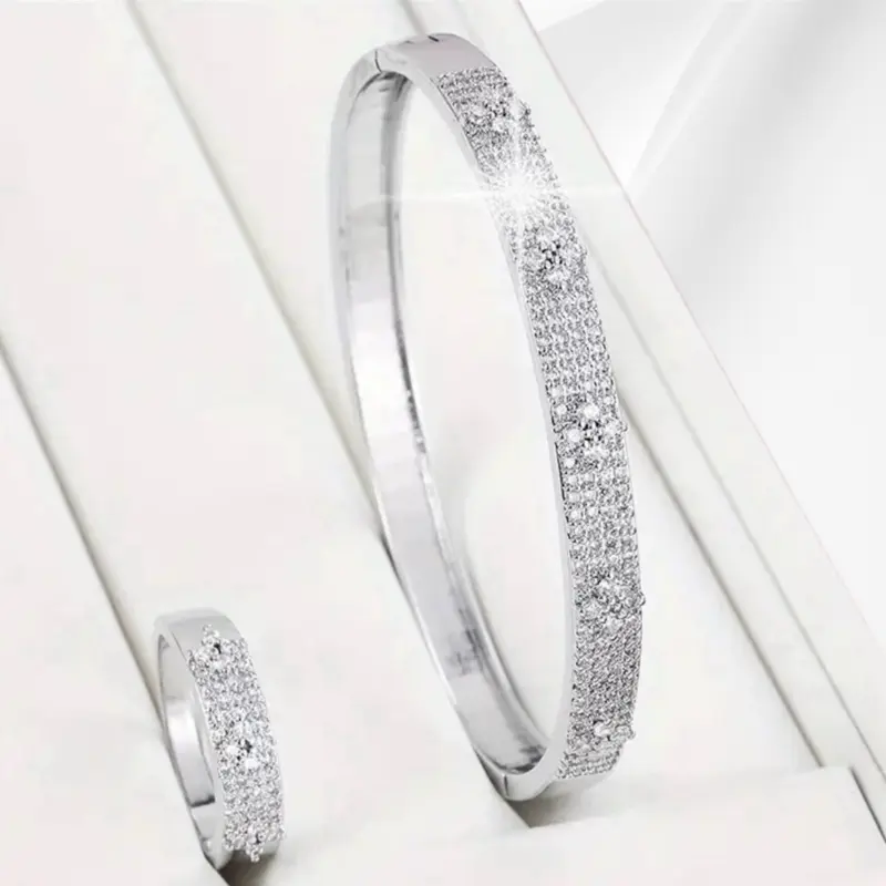 Elegant Silver Tone Bangle and Ring Set with Sparkling Rhinestones