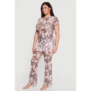 Plus Size Printed Pattern Flare Leg Mesh Pants
