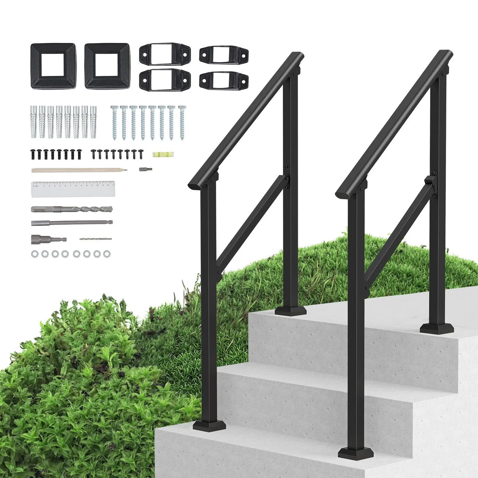 【SummerFinds】VEVOR Outdoor Metal Step Handrails, 2 PCS Complete Carbon Steel Rail Kit for 2-3 Stairs, Adjustable Angle Black Square Tube, 220 lbs Capacity, Concrete Steps Fit, with Expansion Bolts & Installation Hardware, Nuts, Seniors