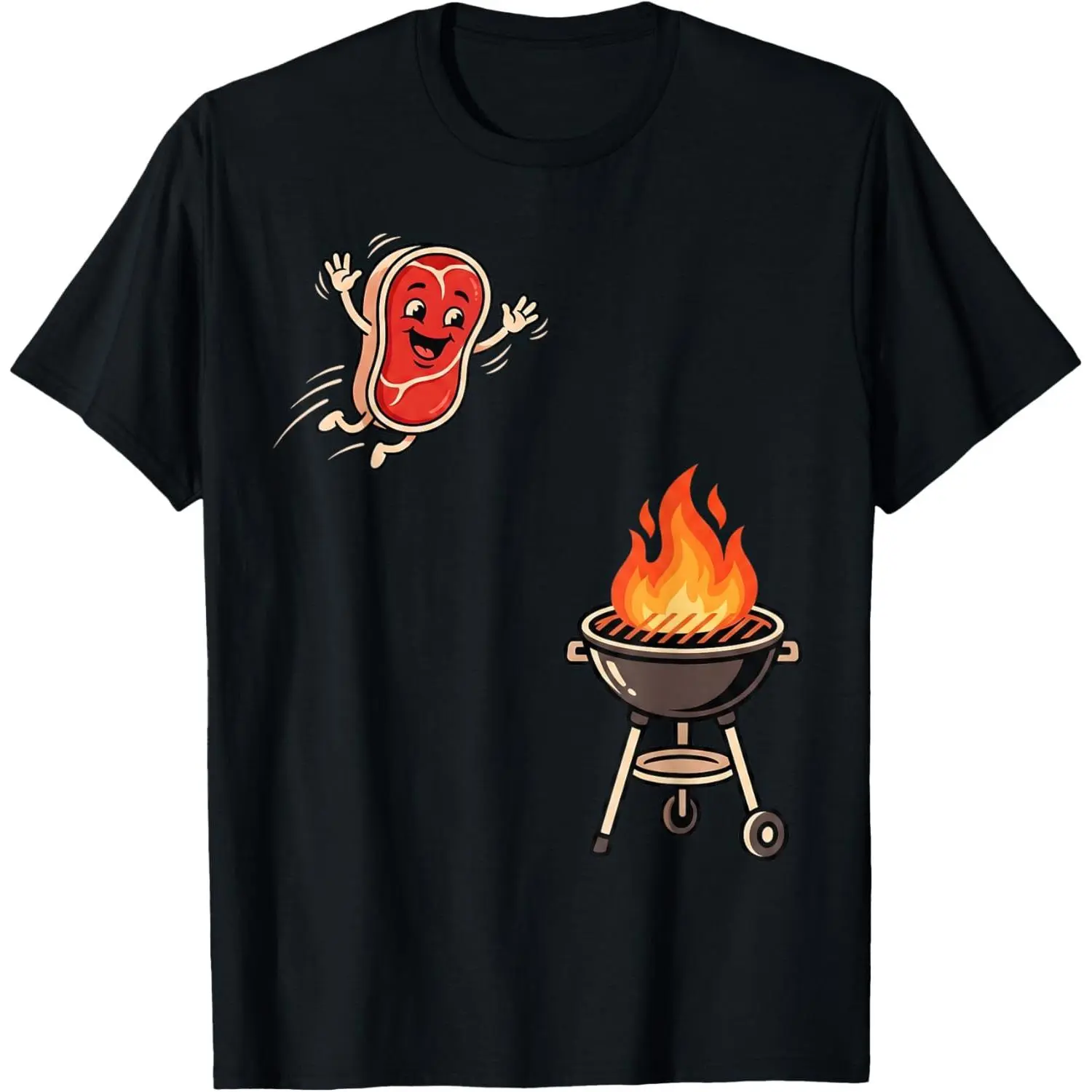 100%cotton Funny BBQ Steak Meme Cute Meat Jumping Into Grill T-Shirt