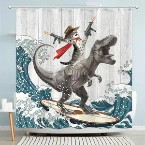 Funny Cowboy Cat Riding T-Rex Shower Curtain - Epic Surfing Dinosaur with Guns & Red Cape, The Great Wave Off Kanagawa Print, Waterproof Fabric Bath Curtain with 12 Hooks | Quirky Pop Art Bathroom Decor