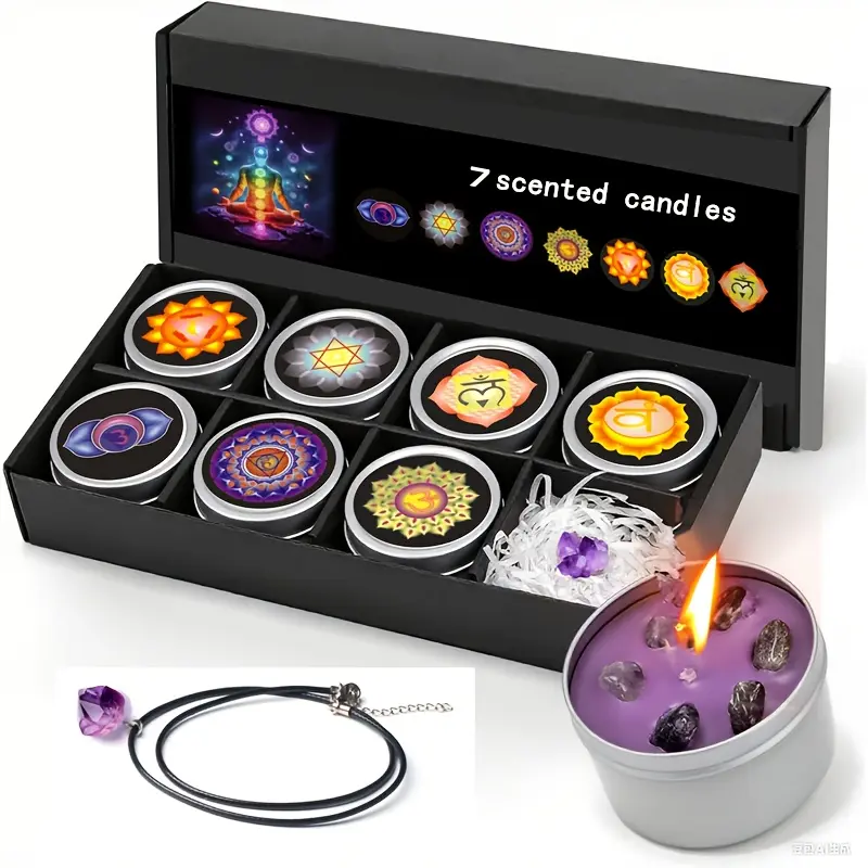 7 cans of colorful scented candle gift set - with natural crystal pendant -7 types of soy candle scented candles, Aromatic Scents, Calming Aroma, Therapeutic, Therapy, yoga, Christmas, Thanksgiving home gifts for women and men