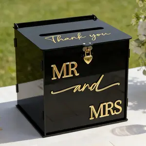 Black Acrylic Card Box with Lock, DIY Wedding Card Boxes for Reception with Mr and Mrs 3D Pop Out Text, Envelope Money Gift Cards Box for Wedding Graduation Bridal Shower Table