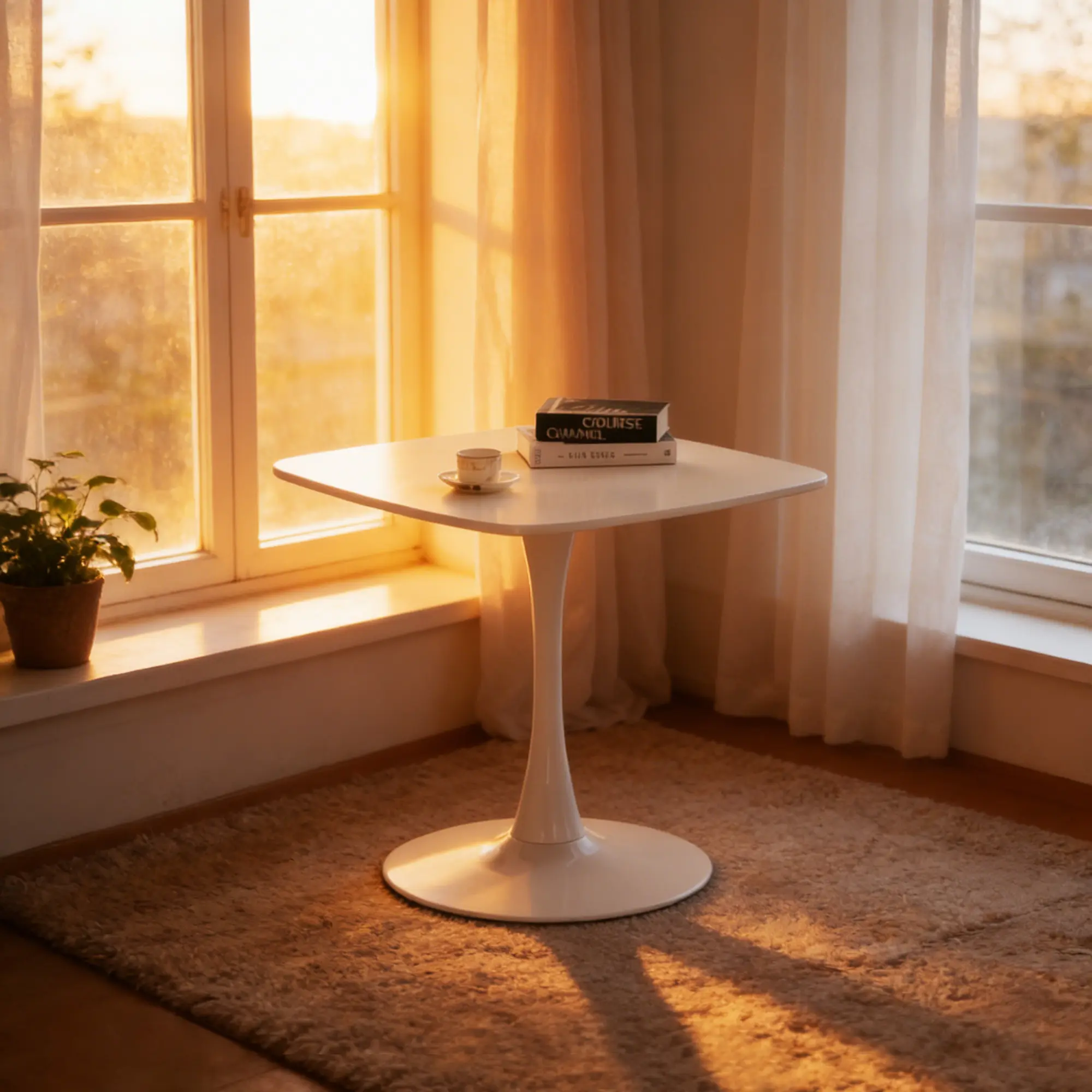 Square Tulip Dining Table 24 Inch for 2-3 People, MDF Top with Metal Pedestal Base, Compact Kitchen Table for Apartments, Bistros, Cafes, Offices & Living Rooms, Matte White Finish