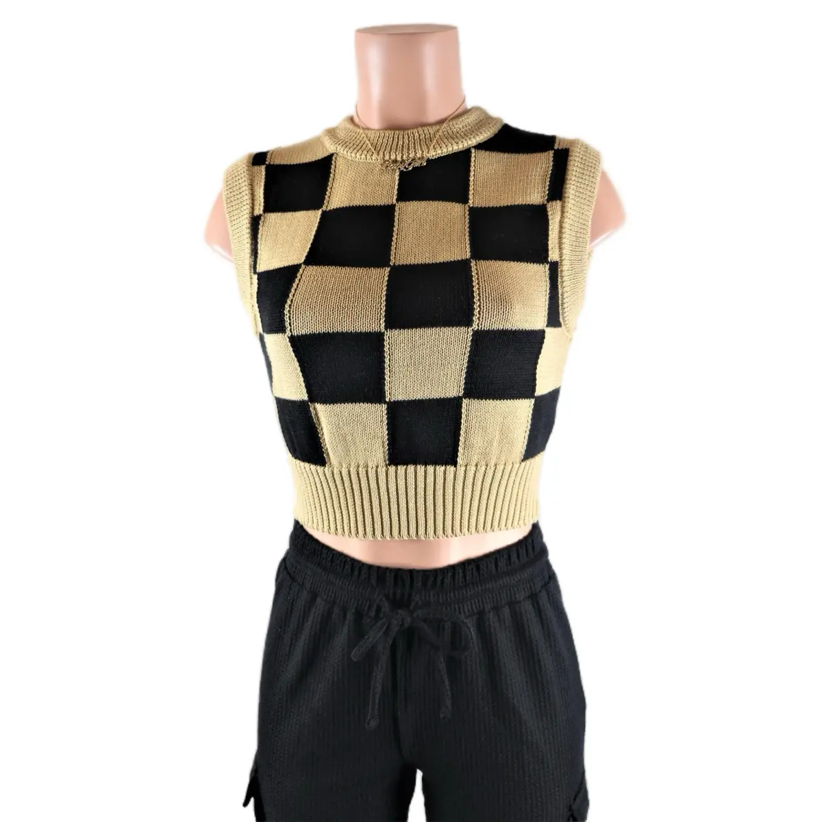 Women's Checker Knit Sweater Vest Top in Tan and Black - 100% Polyester - Womenswear muscle tank sweater Sleeveless
