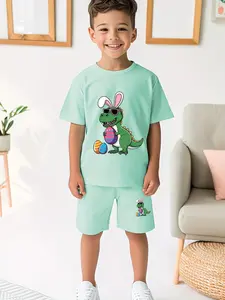 Easter Dinosaur Bunny Ear Printed Set, Mint Fashion Short Sleeve Shorts, Casual Fitted Summer