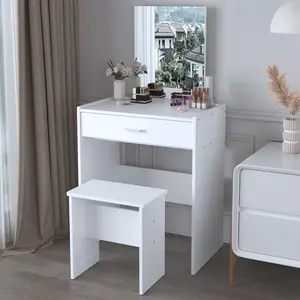 Modern Wood Vanity Desk,Makeup Vanity Desk with Mirror,Small Vanity with Storage Drawer & Chair, Vanity Table Set for Bedroom Small Space,White