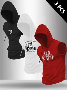 Men's 3-Piece Set with Dumbbell Graphic Print Sleeveless T-Shirt, Casual Comfortable Hooded Vest for Summer Outdoor Fitness Gym Clothes Workout
