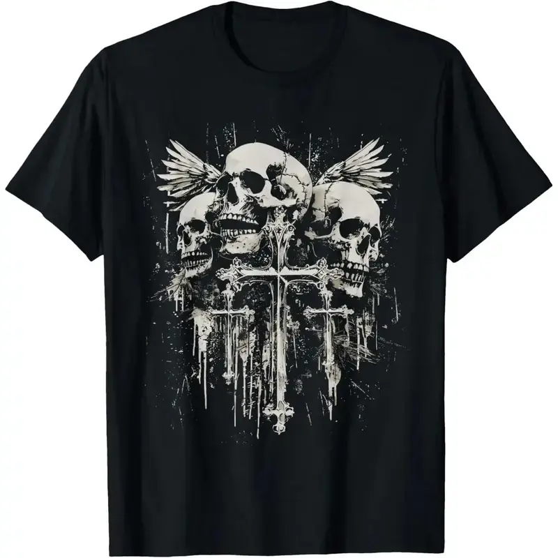 Unisex Gothic Punk Skull Wing Cross Graphic Short-Sleeve Tee - Soft Cotton Fabric, Seamless, Smooth, Lightweight, Digital Print, Foldable, Round Neck, Seamless Armpits, All-Season, Machine-Washable Sports T-Shirt for Daily Wear (Available in 2XL)