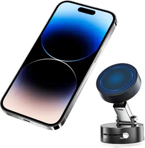 Vacuum Suction Magnetic Car Phone Holder, Rotatable Foldable Vehicle Smartphone Mount for Windshield Smooth Surface, Adjustable Automotive Cellphone Stand, Universal Fit (Black)