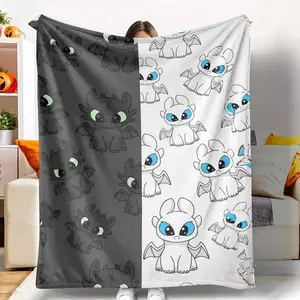Cartoon Dragons Flannel Blanket Toothless & Light Fury Pattern Super Soft Warm Lightweight Cozy for Sofa Bed Travel Camping Unique Gift Idea Christmas Birthday New Year Present Anniversary