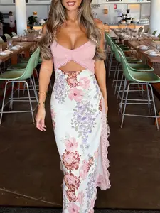 Vintage Floral Lace Patchwork Long Dress, Square Neck Spaghetti Strap Sleeveless Hollow Out Sexy Vacation Beach Split Y2K Dress, Bohemian Style Summer Women, Boho Style Womenswear