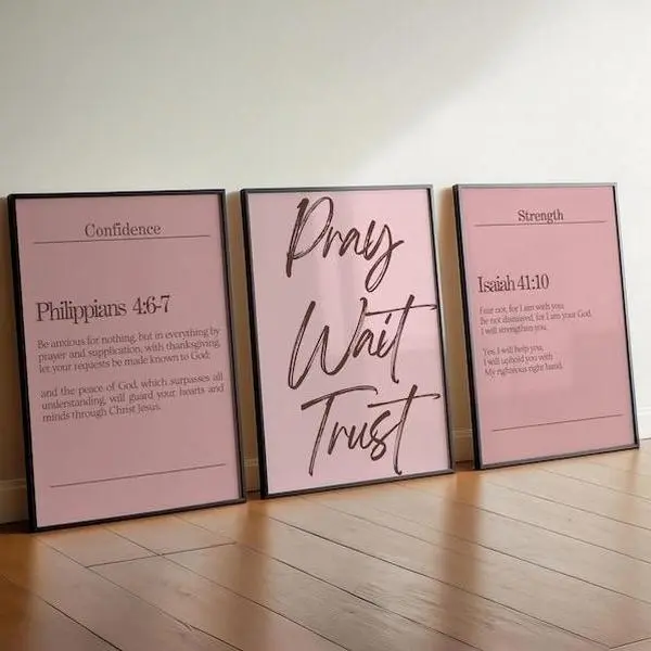 Modern Christian Wall Art Set of 3, Pink Scripture Prints No-frame, Christian Girl Decor, Philippians 4:6 Poster, Isaiah 41 Elegant Faith Art