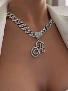 Silvery Cuban Link Necklace - Heart-shaped Alphabet Pendant on Ice Chain - Unisex Hip-hop Jewelry Gift