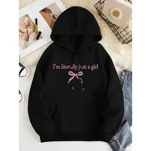 Women's Cartoon Bowknot & Letter Print Drop Shoulder Hoodie, Fashion Casual Drawstring Pocket Hooded Sweatshirt for Daily Holiday Outdoor Wear, Women Clothing for Fall & Winter（gift）