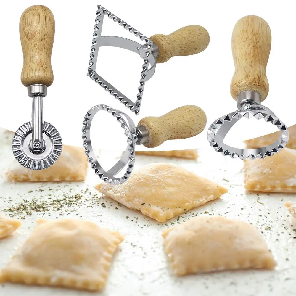 Sturdy Aluminum Biscuit Making Tools Set - Bakeware with Ravioli Stamp Cutter, Italian Pasta Dumpling Knife, Beechwood Handle, Dumpling Sealing Groove Edge, Square & Round Roller Cutter, Baking Supplies & Cheese Prep Kitchen Utensil Gadget