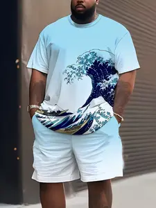 Men's Plus Size 3D Digital Print Short Sleeve Set, Casual Loose-Fitting Long Top, All over Print, Sportswear, Shorts Sets, Menswear