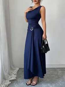 A fashionable blue Sleeveless waist cinching dress for women, with a high waisted cut that accentuates curves, suitable for commuting to work, shopping, and outdoor wear