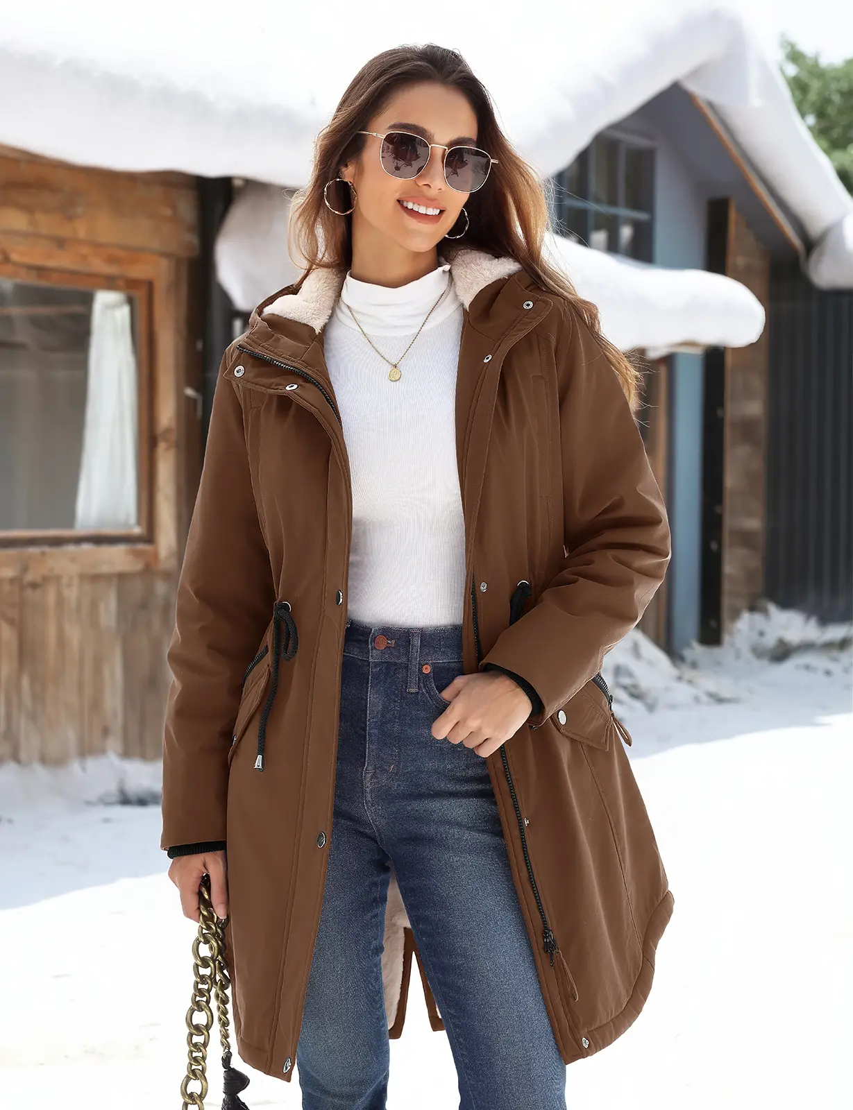 HEEKPEK Women Winter Fleece Lined Hooded Parka Jacket with 5 Pockets | Two Way Zipper Thickened Thermal Coat Outerwear, Ideal for Daily Commute, Cold Weather & Casual Outdoor Activities