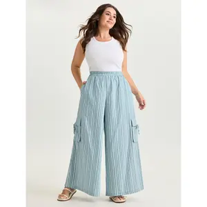 BLOOMCHIC Plus Size Striped Print Side Pockets Cargo Pants [M-6X]2026 Summer Vibes Swimweek