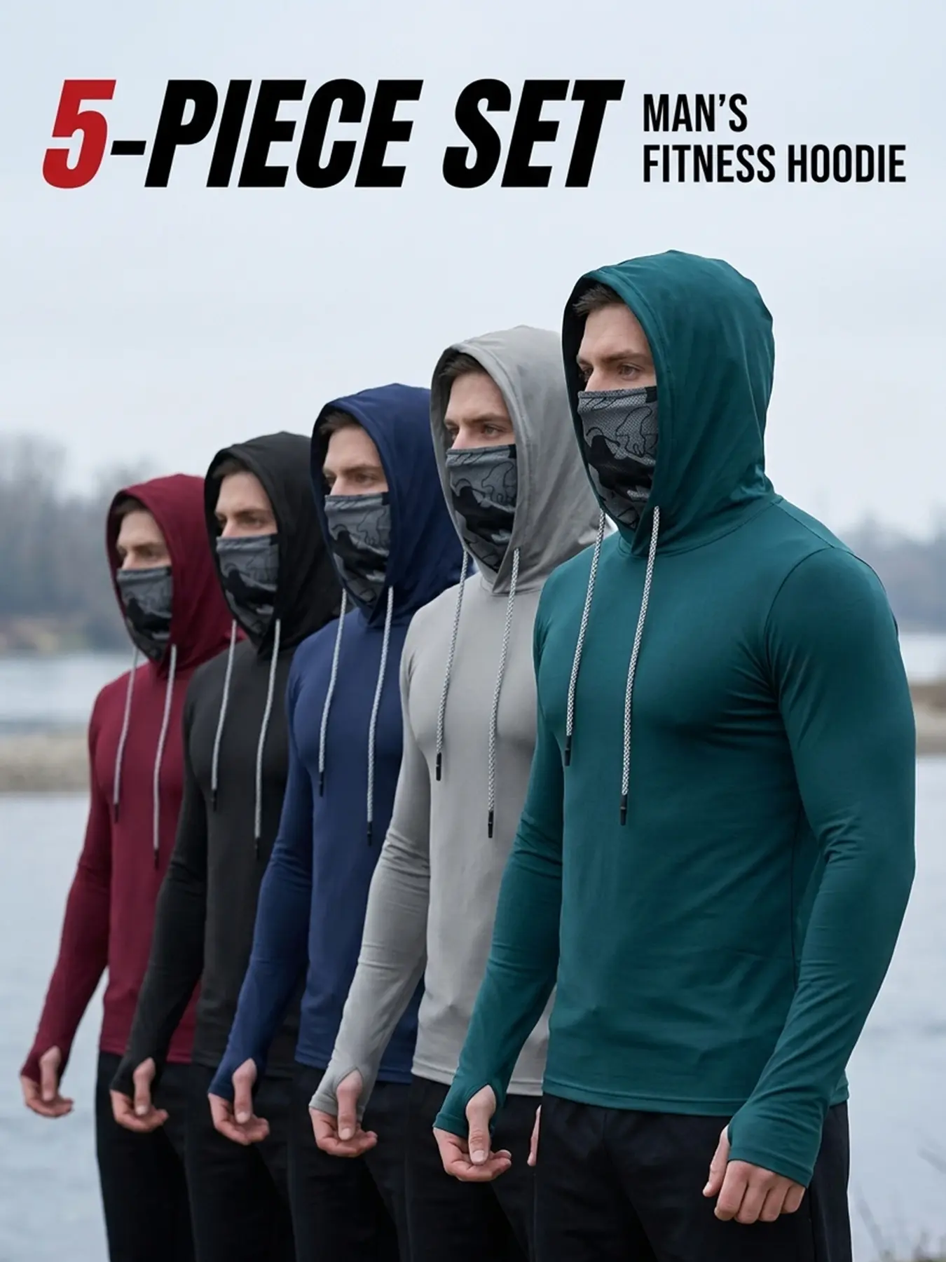5-piece set men's outdoor work sun protection clothing with sun-blocking hoodie, featuring built-in face mask and neck guard, breathable long-sleeve hoodie Tshirt Polyester Compression,back to school,back to school shopping