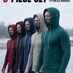 5-piece set men's outdoor work sun protection clothing with sun-blocking hoodie, featuring built-in face mask and neck guard, breathable long-sleeve hoodie Tshirt Polyester Compression,back to school,back to school shopping