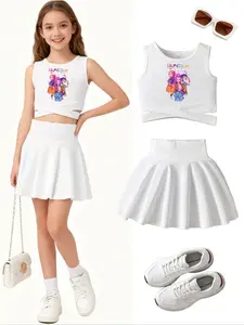Girls K-Pop Huntrix Summer Sleeveless Top & Pleated Skirt Set, Cartoon Print, Criss Cross Cut Out Design, Casual Daily Wear, Fashionable Look, Fashionable Sportswear