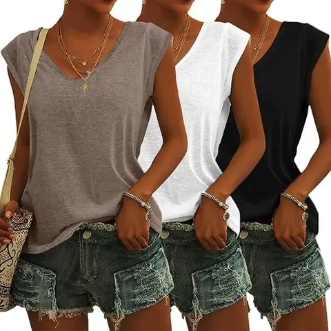 Tankaneo (1/2/3 Pack Available) Pack Womens Cap Sleeve Tops V Neck Loose Fit Tshirts Spring Summer Casual Basic Tees