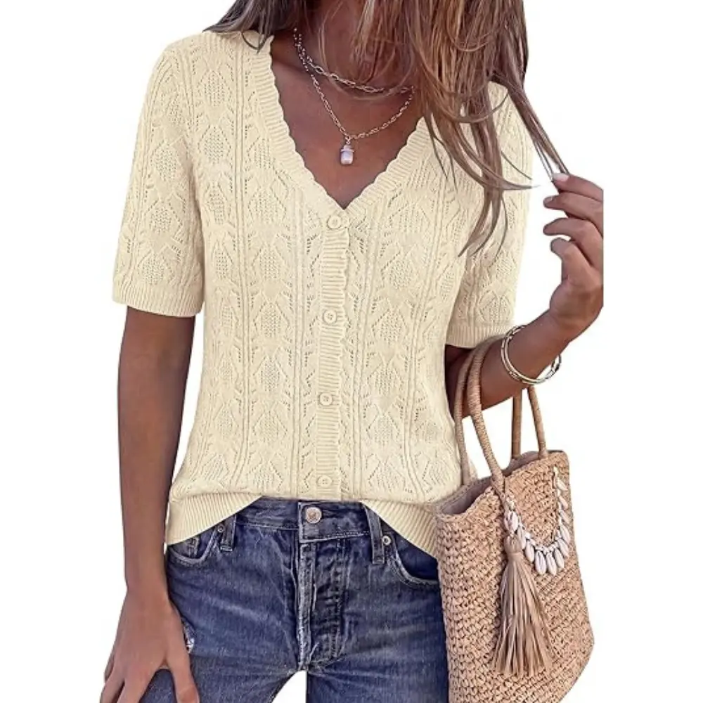 PRETTYGARDEN Short Sleeve Crochet Tops for Women Trendy Summer Cardigan Sweaters Button Up Lightweight Shrug for Dress