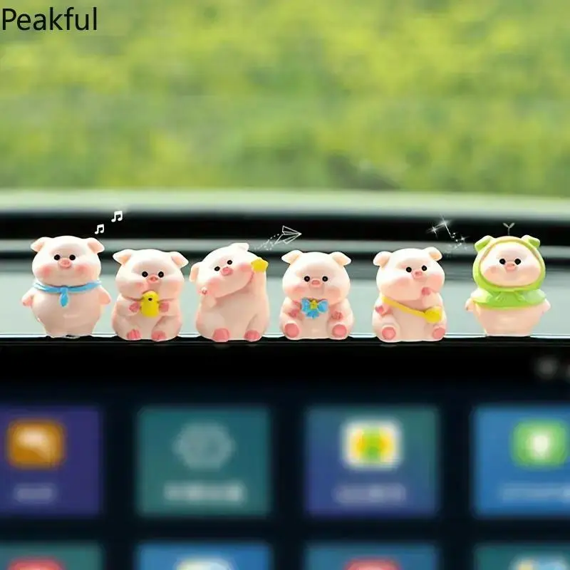 6pcs Cartoon Pig Resin Car Decor, Popular Whimsical Mini Vehicle Ornament, Creative Console Figurine for Auto Interior, exquisite details & lightweight build, versatile placement, great for decorating car dashboards and creating cozy driving vibes