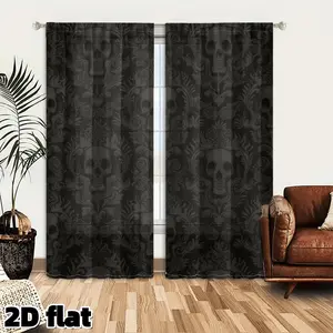2D Flat 2Pcs Gothic Skull Pattern Curtains Black Damask Window Drapes Halloween Theme Home Decor Blackout Panels for Living Room Bedroom Dining Study Office Treatment Dark Goth Aesthetic Semi Shading Polyester Pole Pocket Style