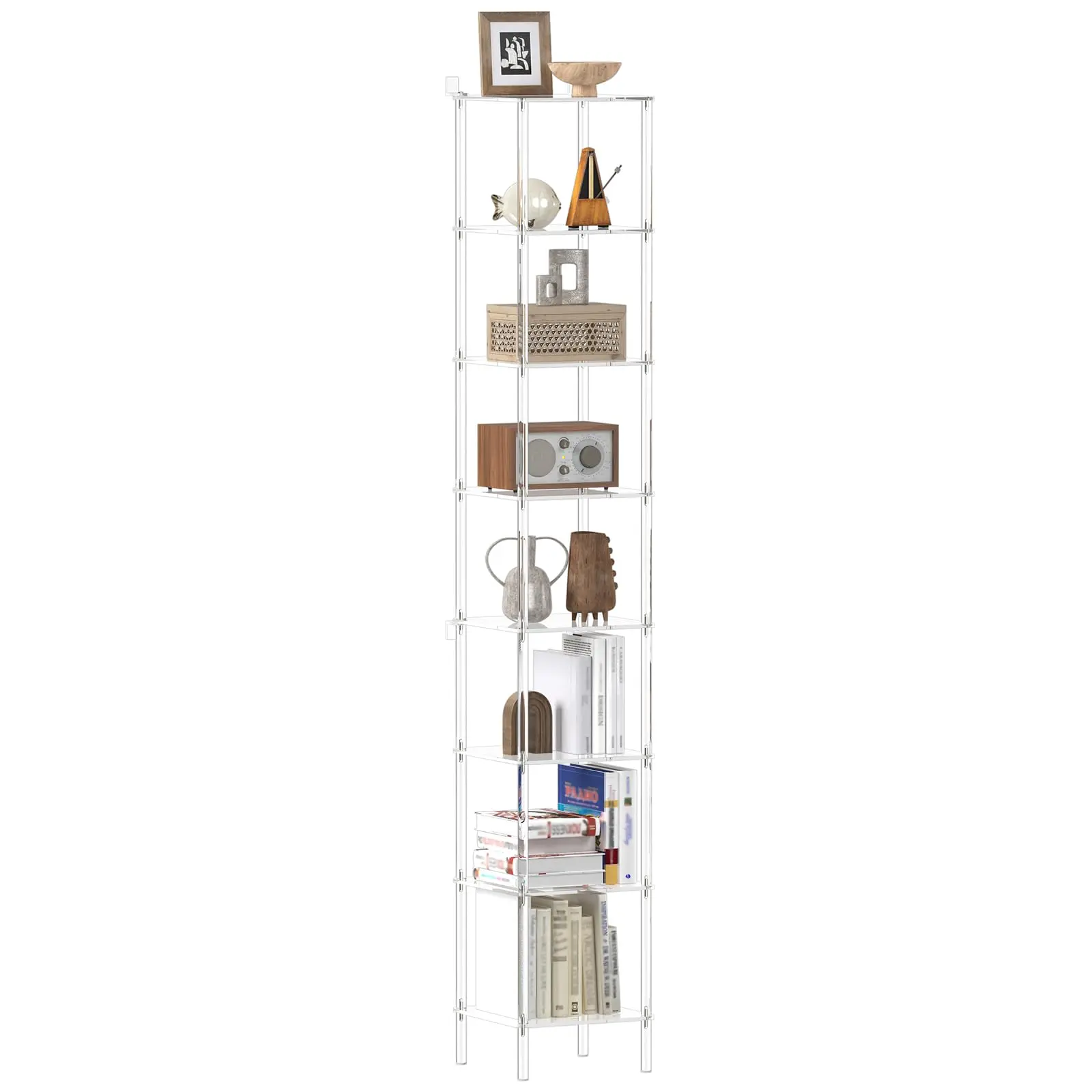 8-Tier Square Acrylic Bookshelf, Clear Tall Narrow Bookcase for Small Space, Corner Open Display Book Shelves for Home Office, Living Room, Bedroom, Modern, 11.6''W x 73.7''H