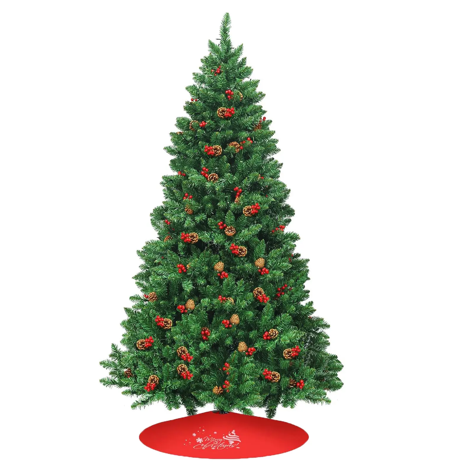 7ft-8ft Green Artificial Christmas Tree, Full Dense PVC Pine Tree with Pine Cones, Red Berries, Hinged Branches & Metal Stand, Unlit for Indoor Living Room Holiday, Party Decorations