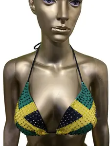 Handcrafted Caribbean Jamaica Flag Rhinestone Bikini Set Small Size Carnival-ready Eye-catching Versatile for Fete Vacation Festival