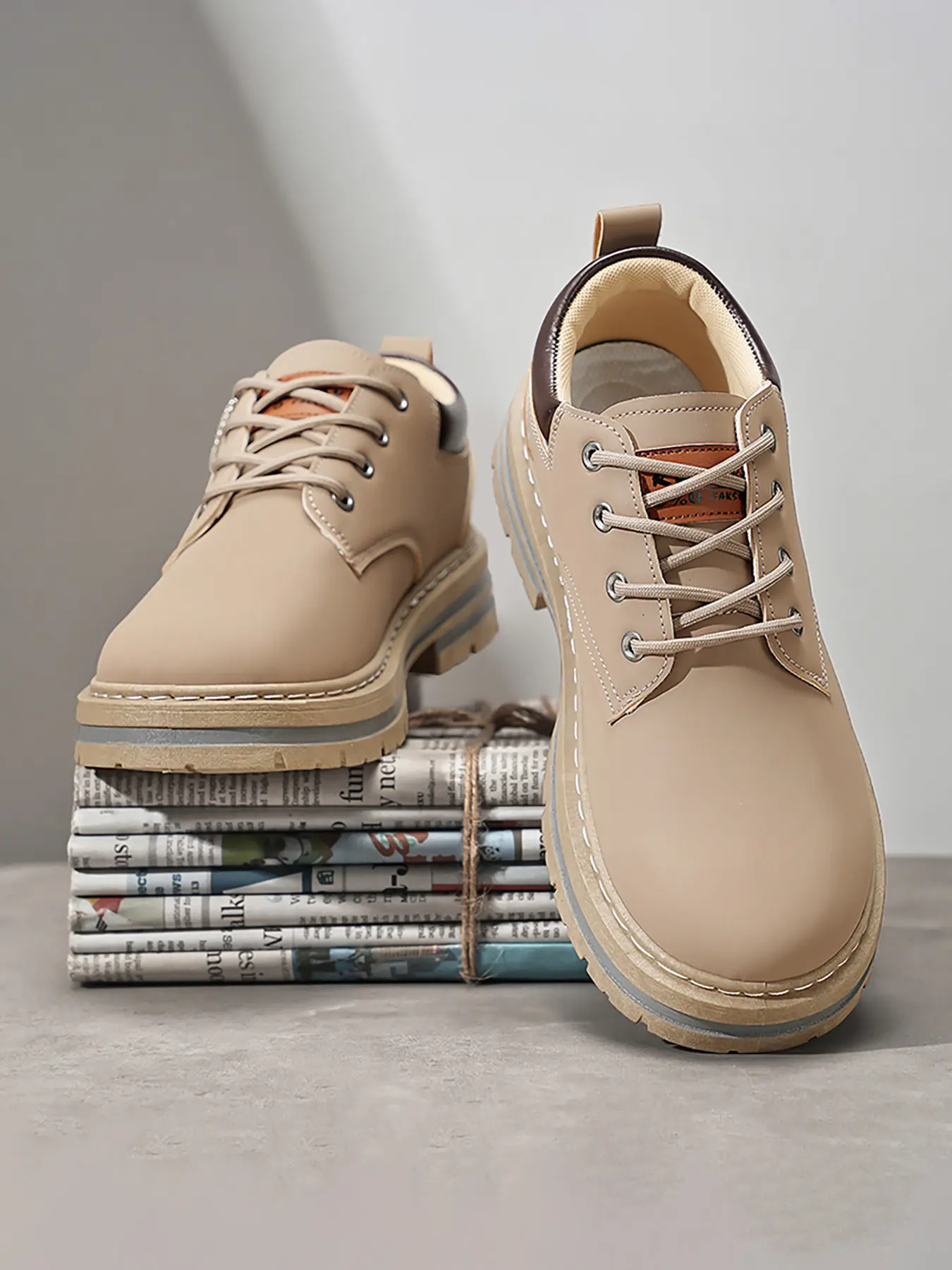 Men's Low Top Lace-Up Shoes, Mustard Faux Leather, PVC Sole, Cushioned Lining, All-Season Casual & Formal Wear, Comfortable Daily Use