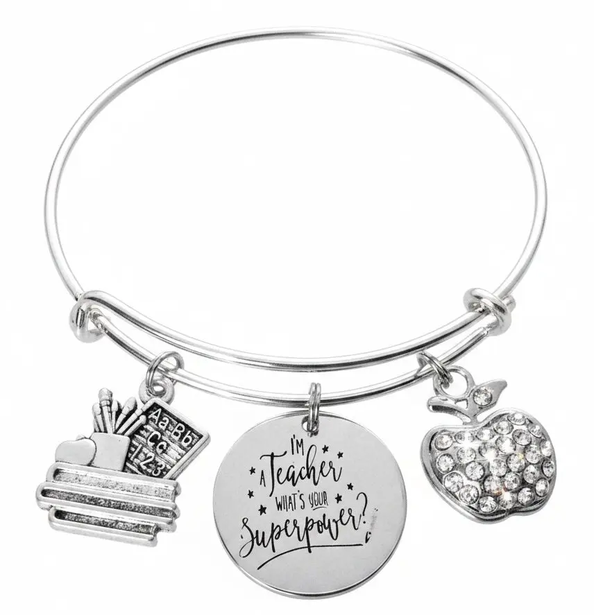 Teacher Superpower Charm Bracelet – Silver Expandable Bangle with Rhinestone Apple, Teaching Supplies & Quote Charm