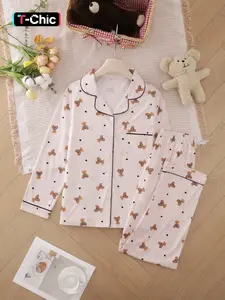 Two-piece Set Women's Heart/ Strawberry Print Pajama Set, Casual Comfy Long Sleeve Lapel Collar Top & Pants Pj Set, Valentine's Day Gift, Ladies Sleepwear for Spring & Fall, Pyjamas