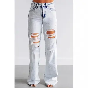 Women's ripped jeans, floor-length straight leg, mid-rise, loose fit, autumn style.