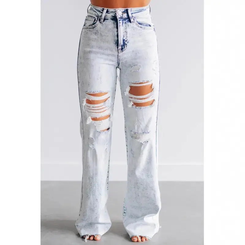 Straight Leg Ripped Jeans for Women, Casual Mid-Rise Loose Fit Floor-Length Denim Pants, Bottom
