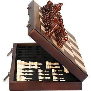15'' Magnetic Wooden Chess Set Folding Portable Travel Chess Board With Handmade Pieces For Adults Kids, Game For Tournament Professional Beginner