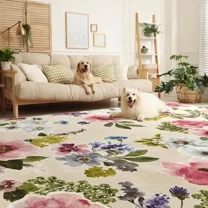 Machine Washable 5x7 Floral Area Rug - Soft Low Pile & Stain Resistant Non-Slip Rug for Living Room, Bedroom, Nursery, Multi-Room Home Decor-S