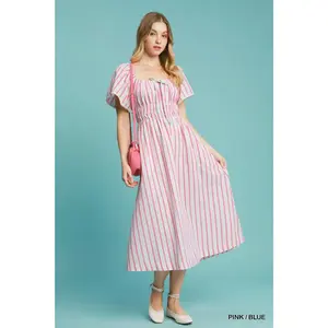 Umgee Smocked Striped Short Sleeve Midi Dress