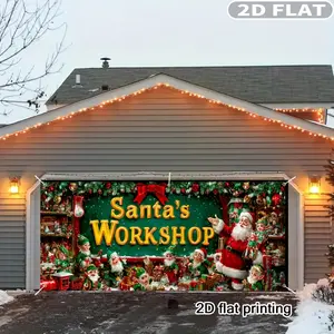 1pc Santa'S Workshop Design Photo Backdrop, Christmas Festive Backdrops & Banners, Garage Door Banner - Vibrant Outdoor Decoration with Santa, Reindeer & Snowflakes, Festive Yard Display, Festive Design, Easy Setup, Santa'S Workshop Backdrop