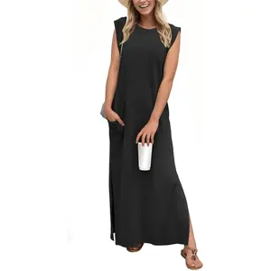 Grecerelle Women's 2025 Casual Round Neck Loose Split Wrinkle-Free Long Maxi Vacation Dress with Pockets XS-3XL Black