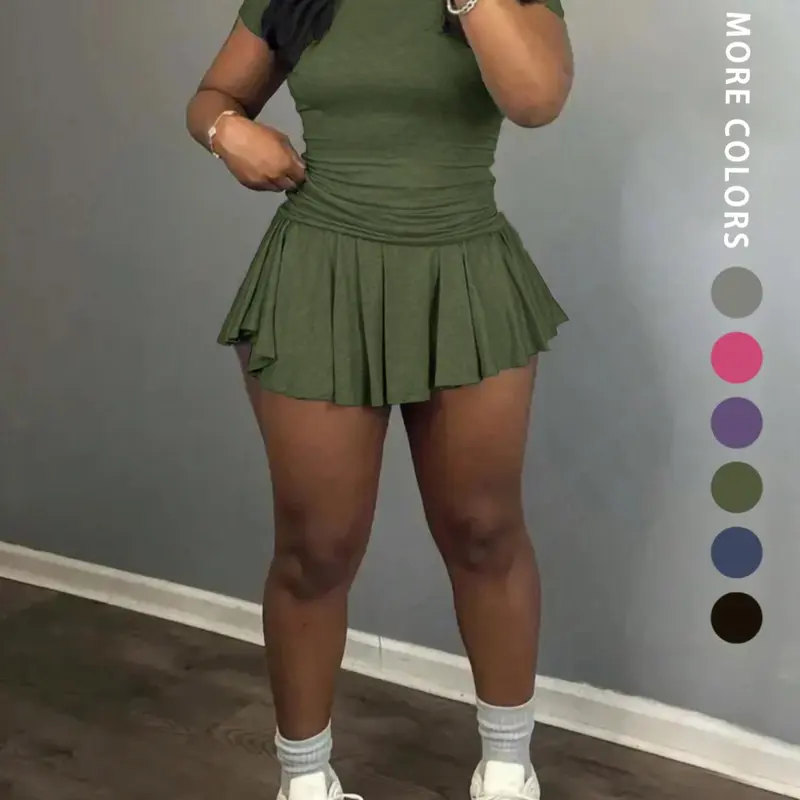 Women's Solid Color Fitted Tee & Pleated Skirt Two-Piece Set, Two Pieces Outfits, Knitted Fashion Set, Casual Short Sleeve T-Shirt & Skirt for Daily Wear, Ladies Clothes for Summer, Womenswear